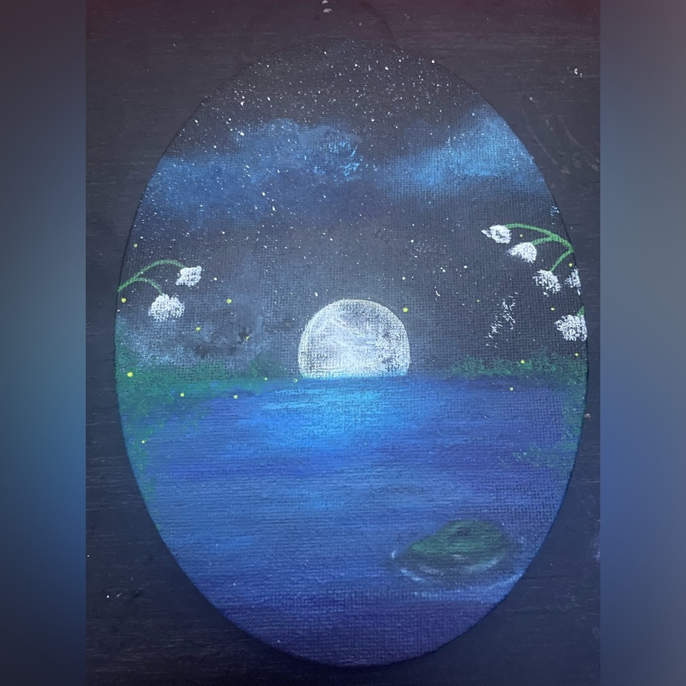 Hand Crafted Blue Moonlit Lake Canvas Art